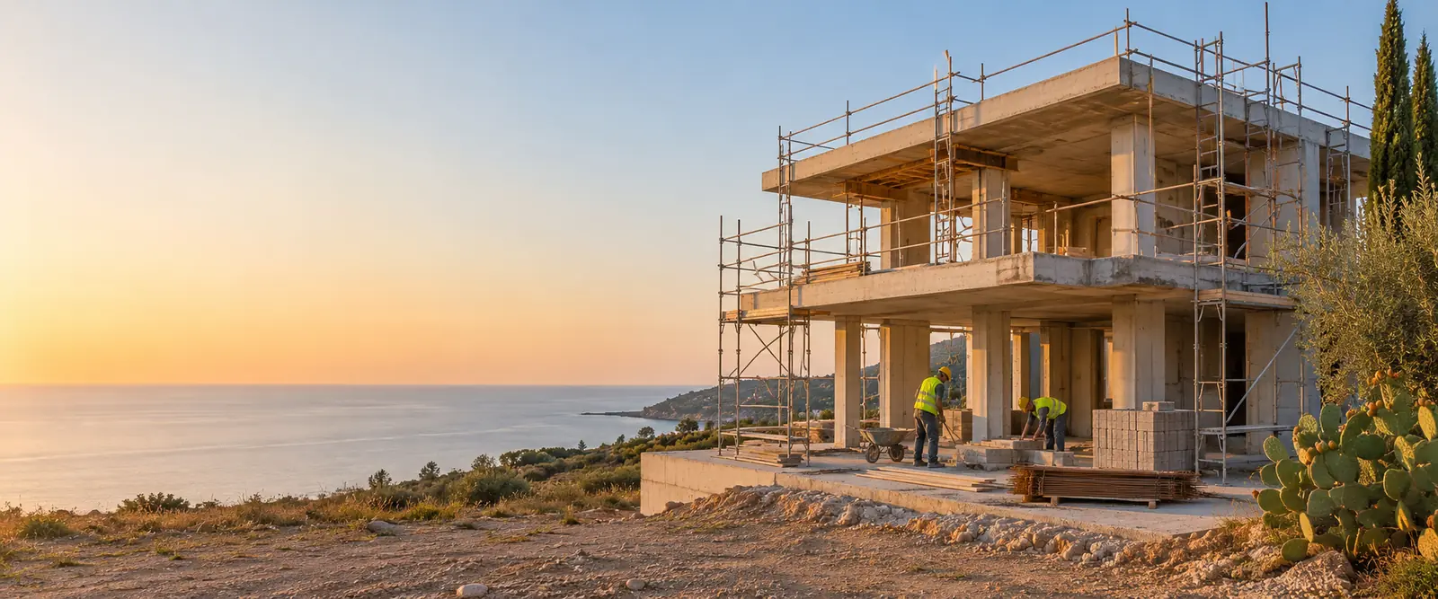 Villetta in costruzione al grezzo con ponteggio, su una collina affacciata sul mare in Calabria