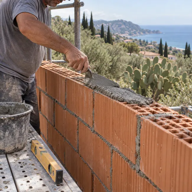 Muratore che stende la malta su una parete in laterizio